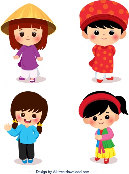 Вьетнамский традиционные костюмы шаблоны милые дети иконки