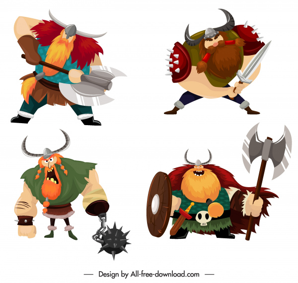 ícones de cavaleiro Viking colorido desenho de personagens de desenhos animados