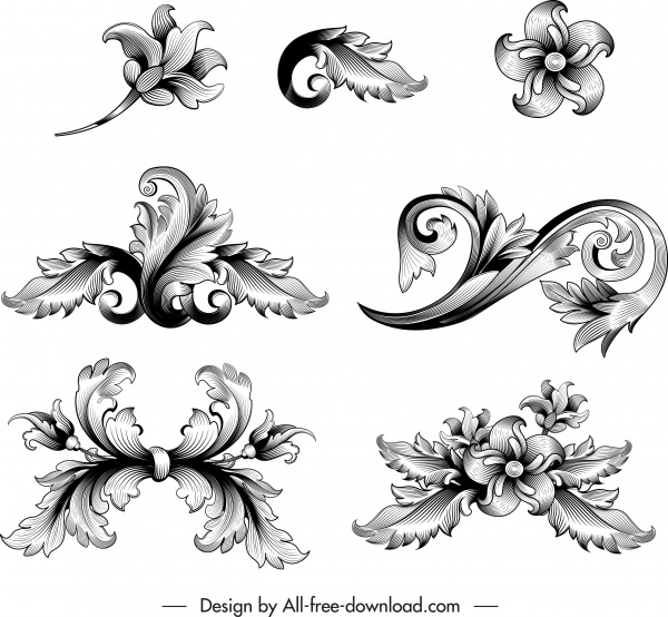 desenho elegante branco de elementos barrocos vintage preto