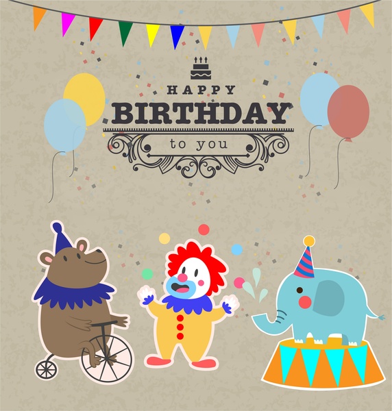 ilustracja wektorowa karty urodziny rocznika ze zwierząt cyrkowych