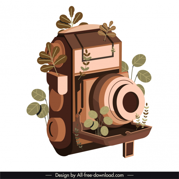 icono de la cámara vintage marrón 3d boceto hojas decoración