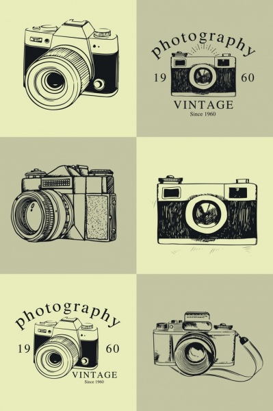 빈티지 카메라 아이콘 컬렉션 블랙 화이트 스케치
