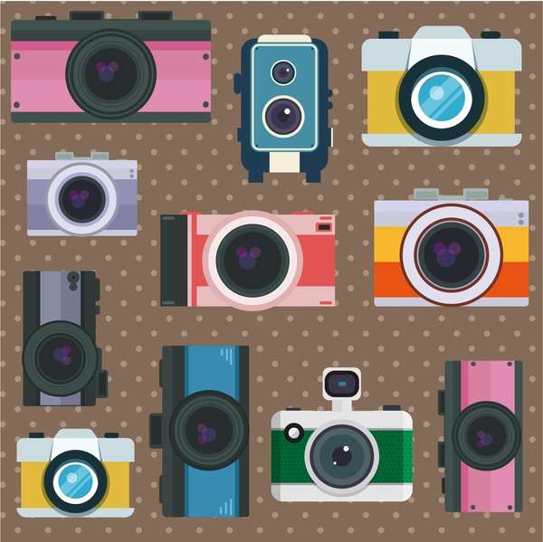 Иллюстрация коллекция старинных фотоаппаратов с различными типами