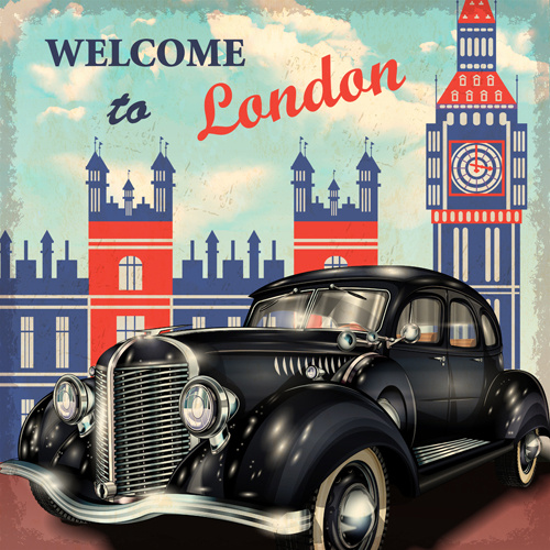 mobil vintage dengan perjalanan poster vector set