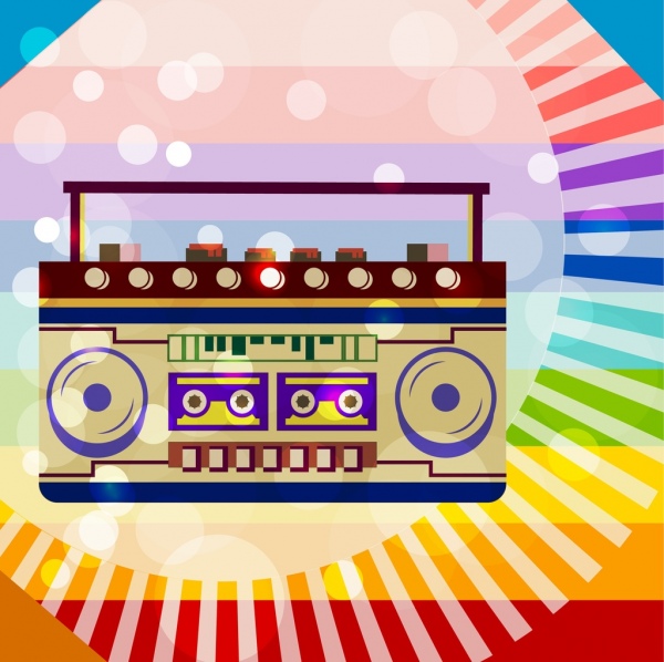 Vintage decoracion de tocador de cassette, reproductor icono colorido bokeh de fondo
