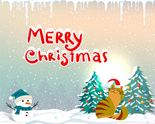 تصميم بطاقة عيد الميلاد خمر مع ثلج والقط
