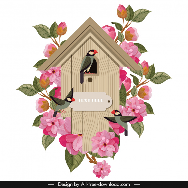 ビンテージ時計テンプレート フローラ鳥の木造コテージ図形
