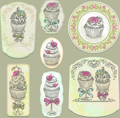 vetor de criativos rótulos vintage cupcakes