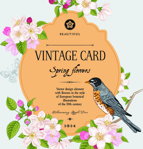 Vintage bunga dan burung kartu grafis vektor