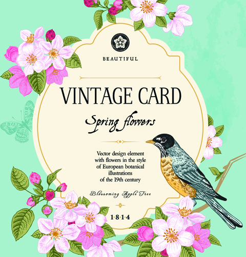 Vintage bunga dan burung kartu grafis vektor