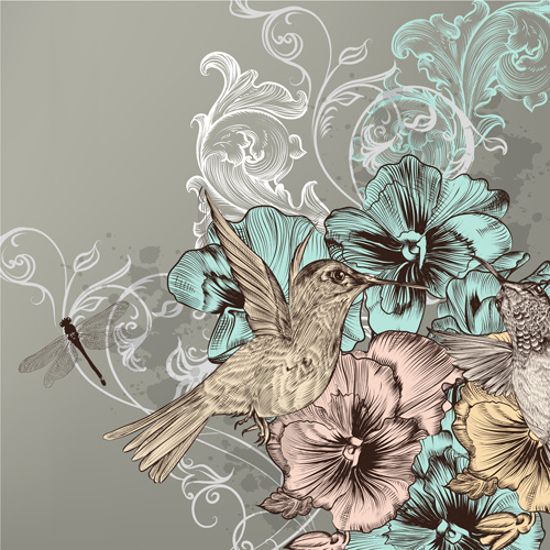 bunga dan burung latar belakang seni vektor antik
