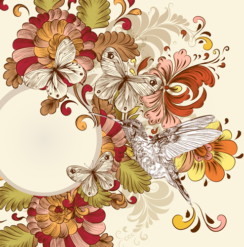 นกและดอกไม้วินเทจพื้นหลังเวกเตอร์ศิลปะ