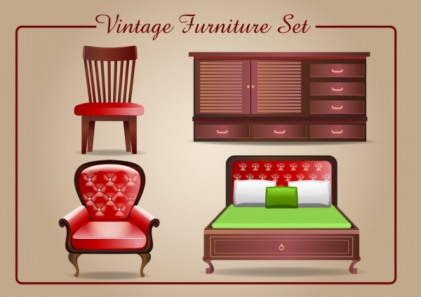 Muebles vintage iconos brillante diseño 3D