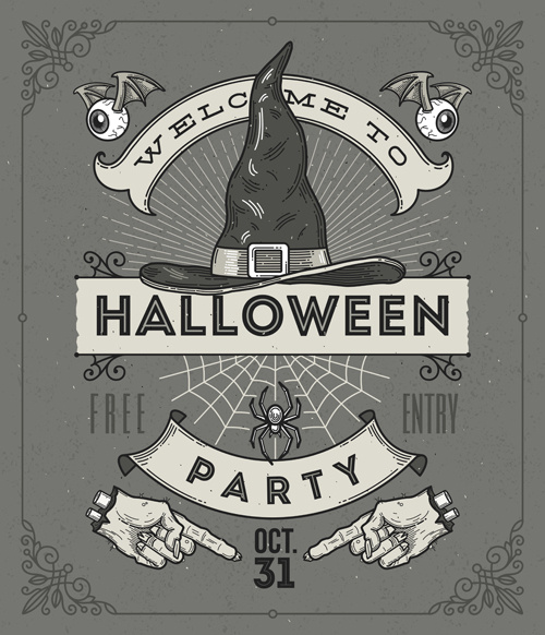 Vintage Halloween Party Vector Poster Set