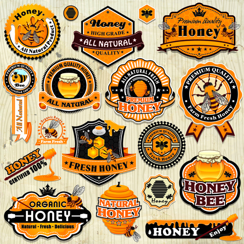 vector de etiquetas y escudos de miel vintage