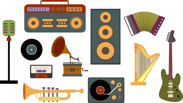 coleção vintage instrumento musical colorido design plano