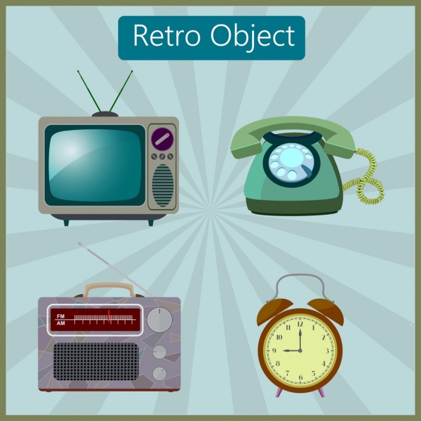 Vintage-Objekte Sammlung Fernsehen Telefon Radiowecker Symbole