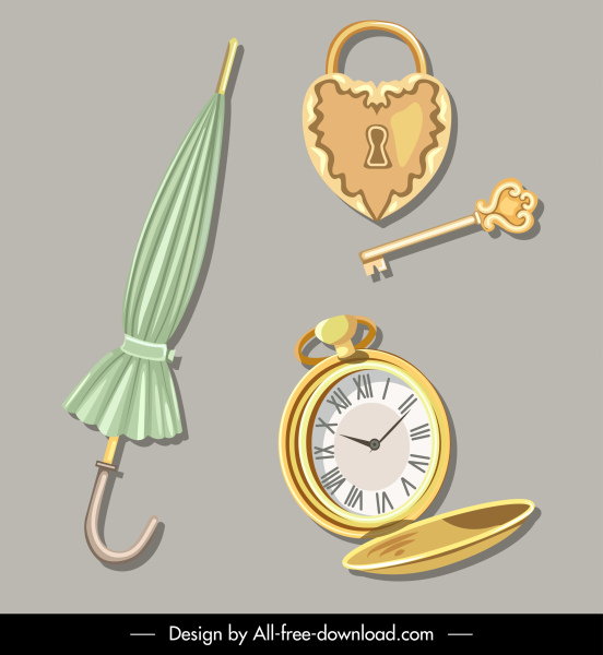 ícones de objetos vintage guarda-chuva relógio bloquear esboço de chave