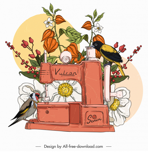 desenho de máquina de costura vintage pintura flora pássaro