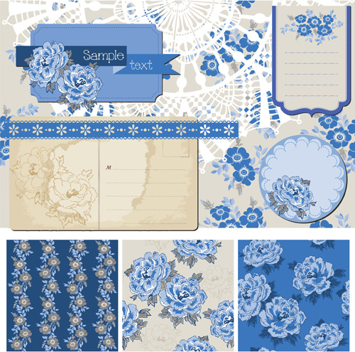 cartão postal vintage com vetor de elementos ornamento azul