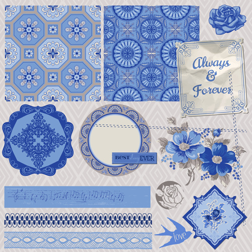 青い飾り要素ベクトルとヴィンテージのポストカード