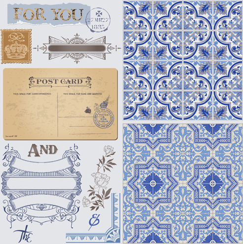 postal vintage con vector de elementos de adorno azul