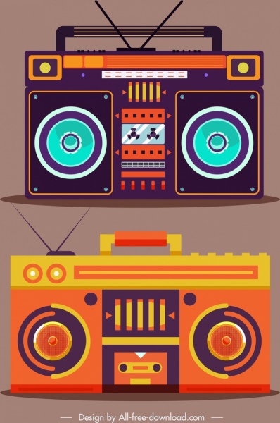 Vintage radyo simgeler renkli düz tasarım