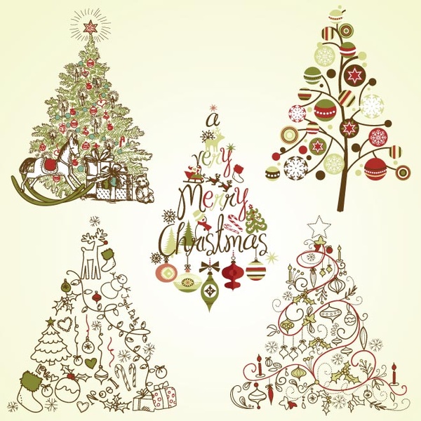 Vintage Retro Style Christmas Tree Collection Vector