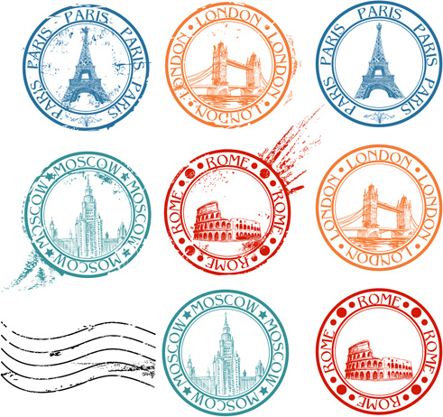 Vintage seyahat pullar öğeleri vektör