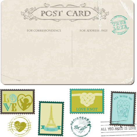 cartão postal de casamento do vintage com vetor de selos