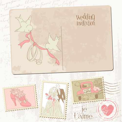 pernikahan vintage kartu pos dengan perangko vektor