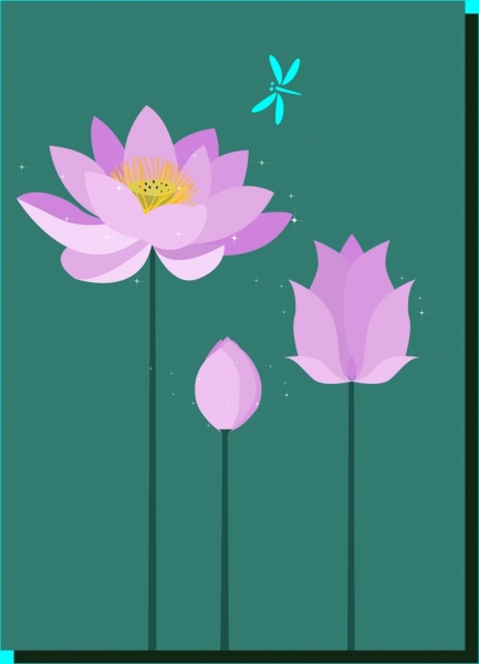 Violet lotus latar belakang kartun gambar dragonfly ikon dekorasi