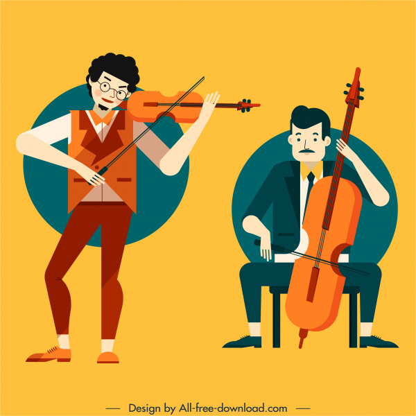 ícones de violinistas colorido desenho de personagens de desenhos animados