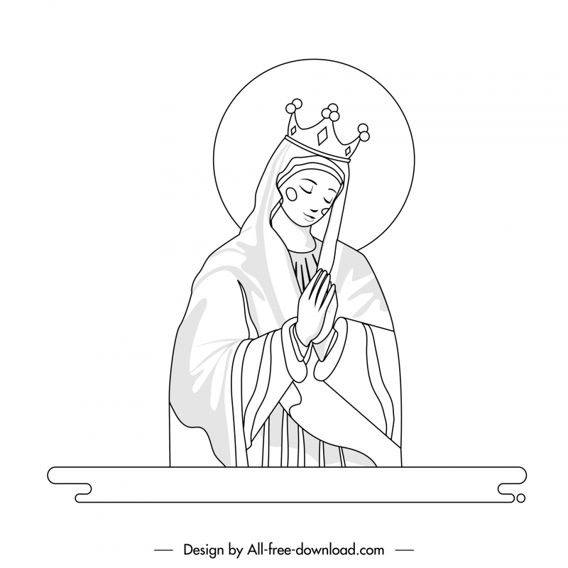Virgen María Madre icono gesto de oración blanco negro contorno dibujado a mano