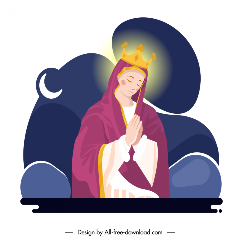 神の聖母マリアは、優雅な漫画デザインの背景におとなしく祈る