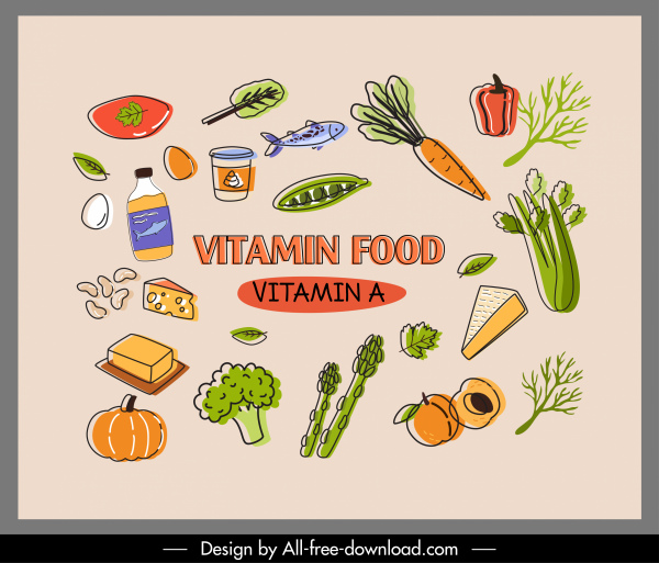 vitamina a alimento banner diseño clásico boceto dibujado a mano