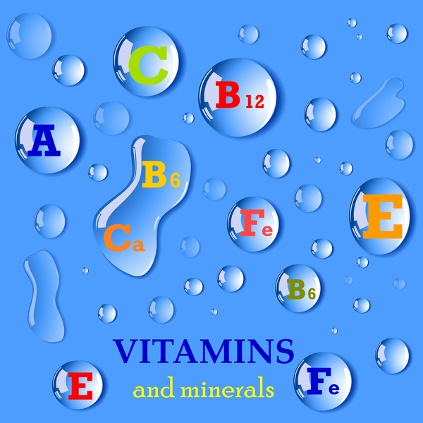 Vitamin- und Mineralien-Vektor-Illustration mit Wassertropfen