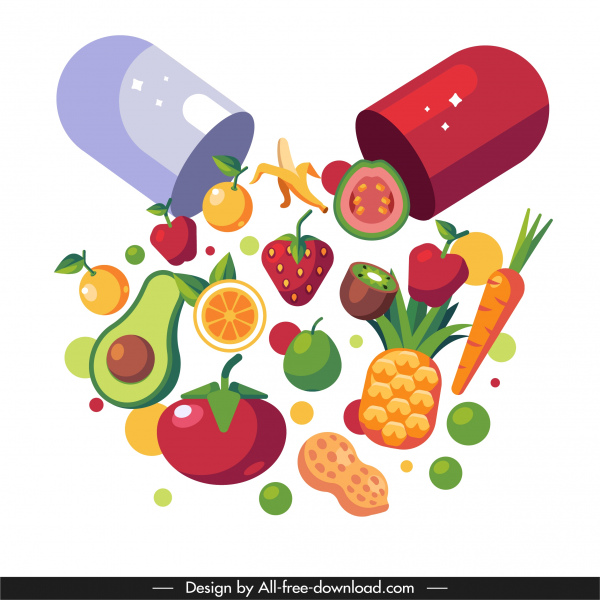 Vitamin Hintergrund Kapsel Früchte skizze bunte Dynamik