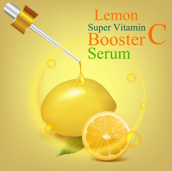 Vitamin C biểu tượng quảng cáo sáng trang trí màu vàng chanh.
