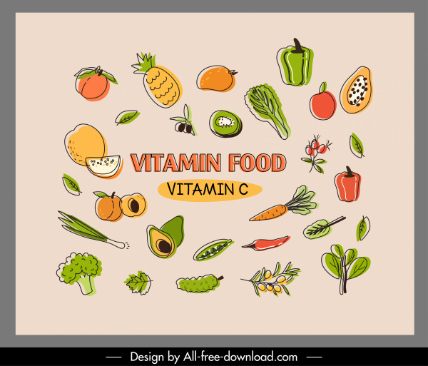 poster makanan vitamin C berwarna-warni digambar tangan klasik