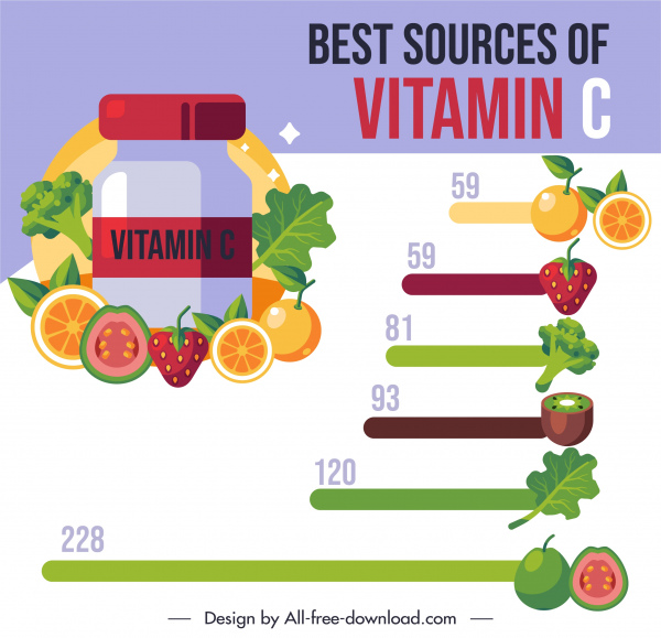 비타민 c 인포그래픽 과일 차트 스케치 다채로운 플랫