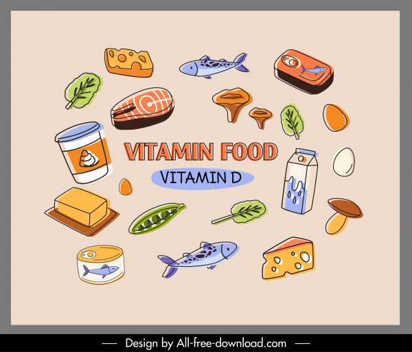 vitamina d banner de alimentos clásico dibujado a mano boceto