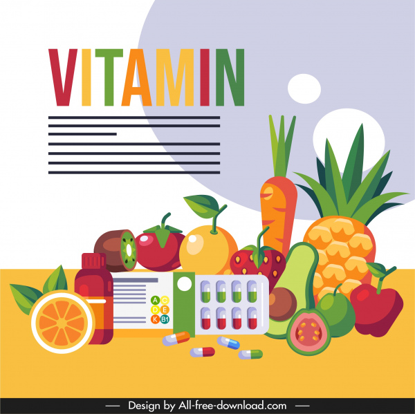 vitamin makanan banner warna-warni buah-buahan kapsul sketsa
