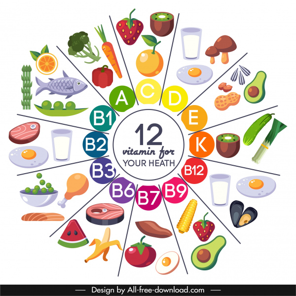 Vitamin-Lebensmittel-Infografik Banner helle bunte Kreis-Layout
