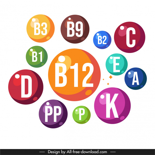 ícones de vitaminas brilhantes círculos coloridos esboço de textos