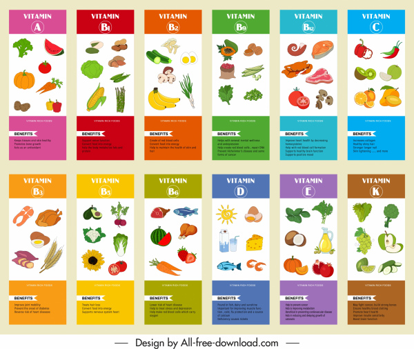 vitamina infografía banner plantillas coloridos emblemas de alimentos bosquejo