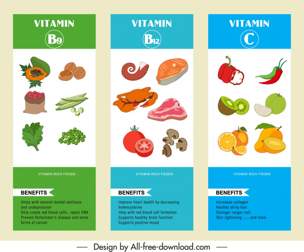 Vitamin-Vielfalt Infografik Vorlagen bunte handgezeichnete Design