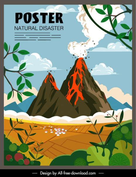 poster bencana letusan gunung berapi warna-warni sketsa dinamis