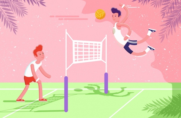 Antecedentes de jugadores de voleibol masculino iconos de dibujos animados de colores