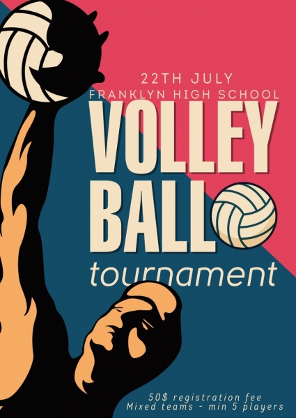 torneio de voleibol anúncio jogador ícone textos decoração